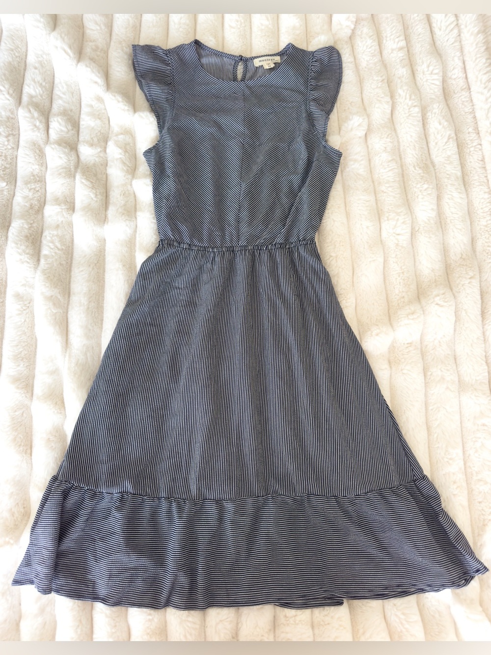 Monteau Los Angeles Striped Navy Blue Flutter-Sleeve Dress